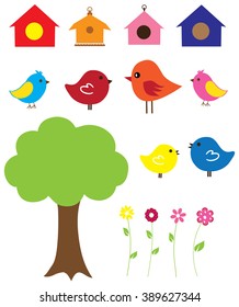 vector illustration of funny birds sitting in the tree