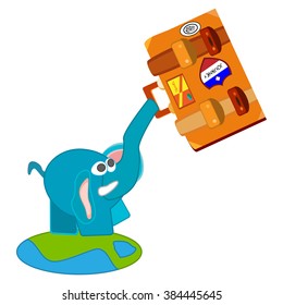 vector illustration of a funny, blue elephant on the planet Earth with a suitcase in his trunk
