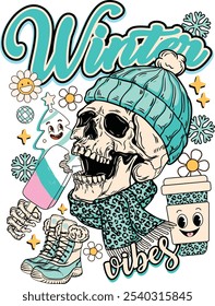 Vector illustration of funny blue retro skeleton with text Winter atmosphere, Christmas, celebration, holiday atmosphere in winter wonderland, festival art, design, warm atmosphere.