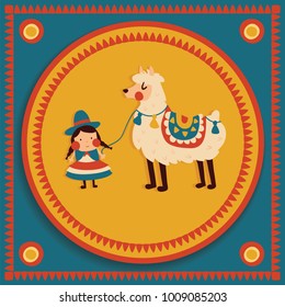 vector illustration, funny bolivian girl in traditional cholita costume, cute lama, tribal background