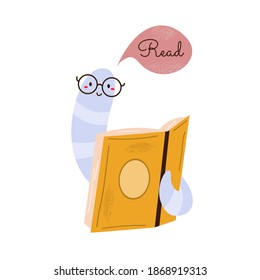 Vector Illustration With Funny Bookworm And Open Book. Reading,learning Concept.