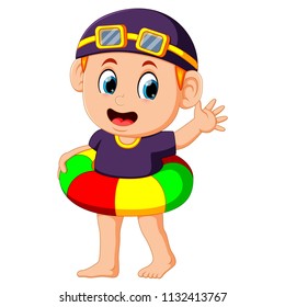 vector illustration of funny boy with colorful inflatable ring
