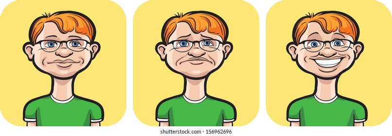 Vector illustration of funny boy face in three expressions: neutral, sad and happy - head and shoulders composition. Layered vector EPS10 format file.