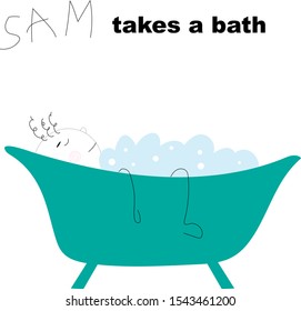 Vector illustration. A funny boy named Sam takes a bath.