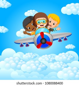 vector illustration of funny boy riding on a blue sky background