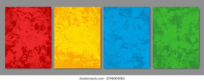 Vector illustration. Funny bright grunge brochure card template. Retro comic empty colorful backgrounds set. Vintage design elements for poster, cover, layout, brochure, magazine, card. Pop art style