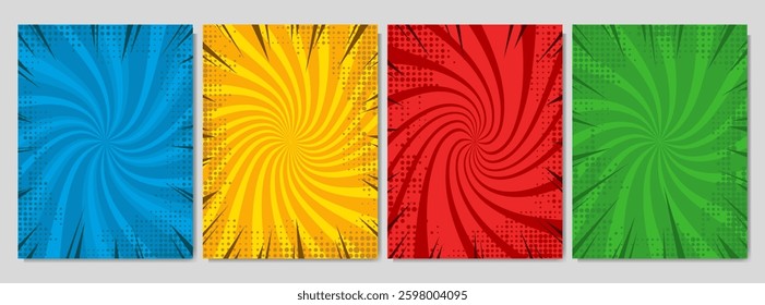 Vector illustration. Funny bright swirl stripes background. Retro comic empty colorful backgrounds set. Vintage design elements for poster, cover, layout, brochure, magazine, card. Pop art style