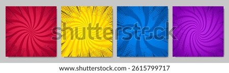 Vector illustration. Funny bright swirl striped background. Retro comic empty colorful wallpapers set. Vintage design elements for square banner, blog post, web template. Cartoon pop art style