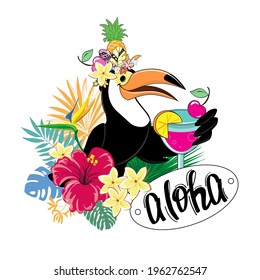 Vector illustration of funny bright toucan with cocktail and tropical leaves. Summer card, lettering aloha
