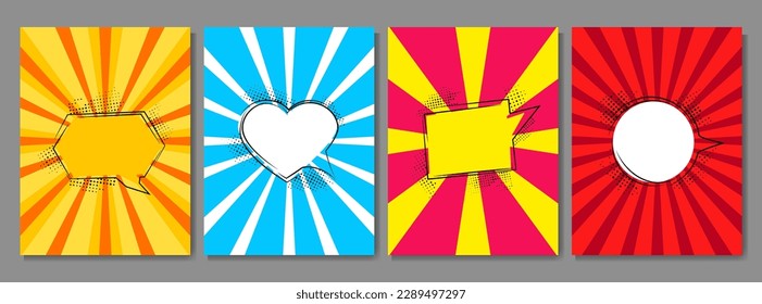 Ilustración vectorial. Funny plantilla de tarjeta de folleto. Cómic retro vacío de burbujas de voz conjunto. Fondo colorido. Elementos de diseño vintage para afiche, portada, disposición, folleto, revista, tarjeta. Estilo de arte pop