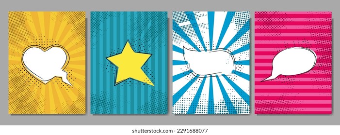 Ilustración vectorial. Funny plantilla de tarjeta de folleto. Cómic retro vacío de burbujas de voz conjunto. Fondo colorido. Elementos de diseño vintage para afiche, portada, disposición, folleto, revista, tarjeta. Estilo de arte pop