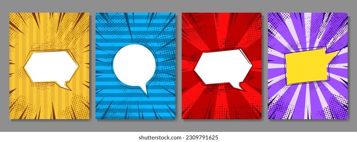 Ilustración vectorial. Funny plantilla de tarjeta de folleto. Cómic retro vacío de burbujas de voz conjunto. Fondo colorido. Elementos de diseño vintage para afiche, portada, disposición, folleto, revista, tarjeta. Estilo de arte pop