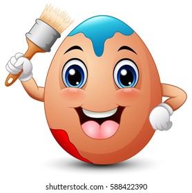 Vector illustration of Funny brown easter egg holding a brush