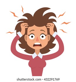 Vector illustration of funny brunette stressed woman with her hands on the head and wide opened mouth. 