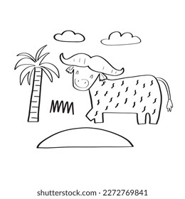 Vector illustration with a funny buffalo surrounded by tropical plants on a white background for your design
