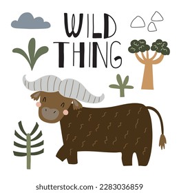 Vector illustration with a funny buffalo surrounded by tropical plants on a white background for your design