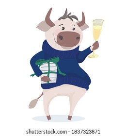 Vector illustration of funny bull in a blue sweater with a gift and champagne 