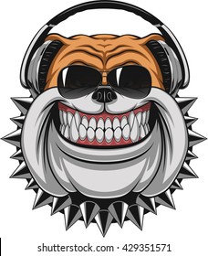 Vector illustration of funny bulldog wearing headphones listening to music, smiling