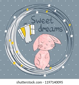 Vector illustration with funny bunny and moon. Sweet dreams.
