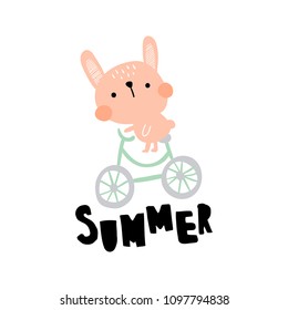 vector illustration of a funny bunny riding a bike, summer hand lettering text