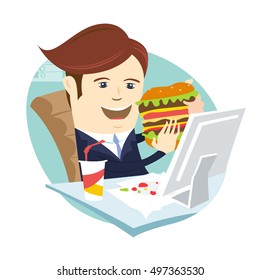 Vector illustration Funny business man eating sandwich burger at his office workplace. Flat style