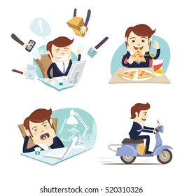 Vector illustration Funny business man wearing suit eating pizza, working hard,sleeping and yawning and riding scooter at his office workplace. Flat style, white background