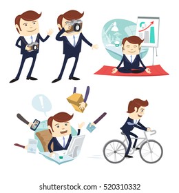 Vector illustration Funny business man wearing suit doing yoga, working hard, taking picture and cycling at his office workplace. Flat style, white background
