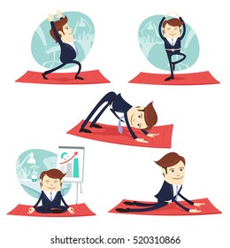 Vector Illustration Funny Business Man Wearing Suit Doing Yoga And Stretching (warrior, Tree, Lotus Positions) Meditation At His Office Workplace. Flat Style, White Background