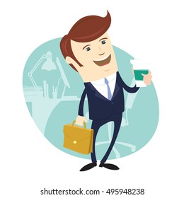 Vector illustration Funny Businessman Happy worker standing holding coffee and briefcase in front his office working space