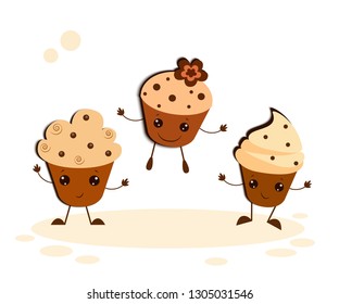 Vector illustration of funny cakes in the style of kawaii dancing