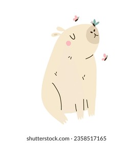 Vector illustration of a funny capybara and a butterfly sitting on her nose. Animal character design isolated on white background.