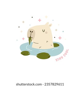 Vector illustration of a funny capybara sitting in a pond with water lilies and text stay cool