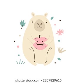 Vector illustration of a funny capybara sitting with a pumpkin lantern Jack. Halloween greeting card