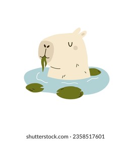 Vector illustration of a funny capybara sitting in a pond with a water lilies. Animal character design isolated on white background.