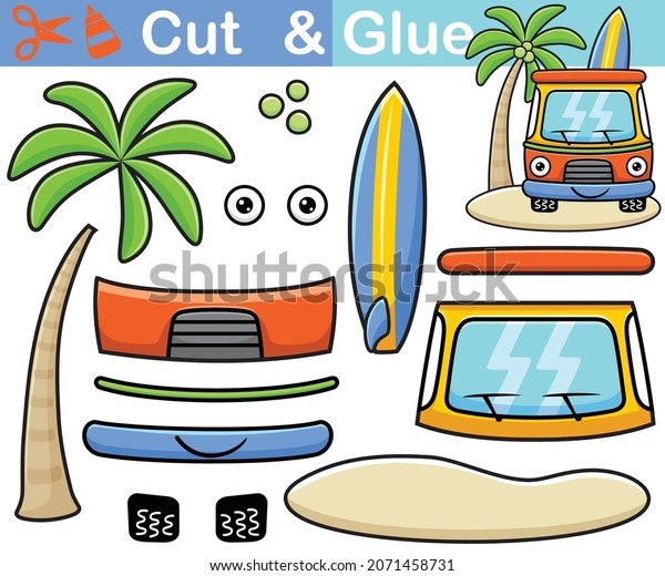 Vector illustration of funny car cartoon carrying\
surfboard in beach. Education paper game for children. Cutout and\
gluing.