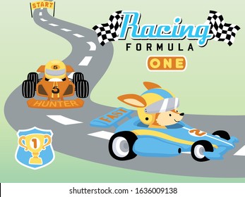 Vector illustration of funny car racing cartoon with cute fox, car racing elements cartoon