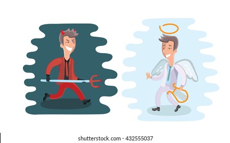 Vector illustration funny cartoon angel and devil dressed in suit.