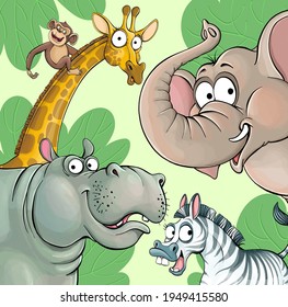 Vector illustration of funny cartoon animals on a green background. Colorful giraffe, elephant, hippo, monkey and zebra.