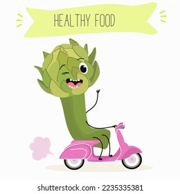 Vector illustration of a funny cartoon artichoke character riding a scooter. Healthy food, cuisine, ingredients, children's t-shirt design.