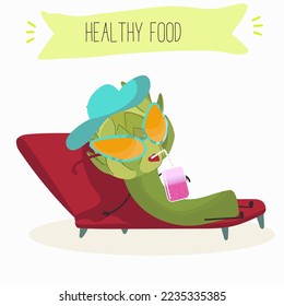 Vector illustration of a funny cartoon artichoke character sunbathing on a sunbed. Healthy food, cuisine, ingredients, children's t-shirt design.