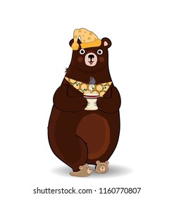 Vector illustration of funny cartoon bear character in slippers, sleeping hat and necktie, holding cup with hot drink isolated on white background. Illustration, clip art for greeting card design.