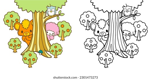 vector illustration funny cartoon of bear sheep and owl hiding and peep characters outline design for Coloring book children, drawing pages cover, screen printing shirts, printable clothing materials 