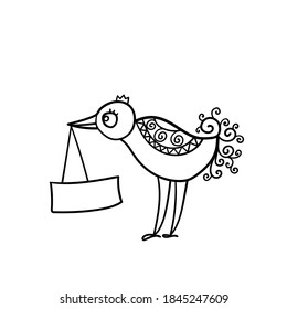 Vector illustration of funny cartoon bird. Coloring book page element.