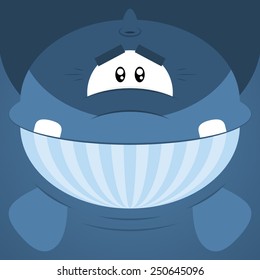 Vector illustration. Funny cartoon blue whale. Closeup animal in square flat style.