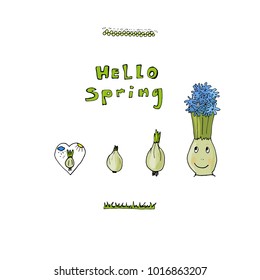 Vector illustration of a funny cartoon boy bulb hyacinth with emotions on a white background. Positive character. Creation. For  cards, notes, stickers, labels, tags 