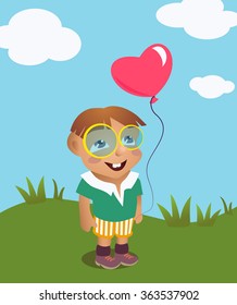 Vector illustration of the funny cartoon boy with pink balloon.