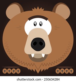 Vector illustration. Funny cartoon brown bear. Closeup animal in square flat style.