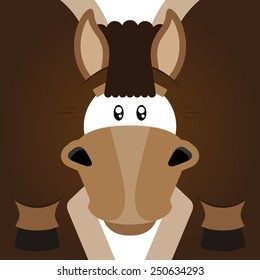 Vector illustration. Funny cartoon brown horse. Closeup animal in square flat style.