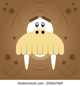 Vector illustration. Funny cartoon brown walrus. Closeup animal in square flat style.