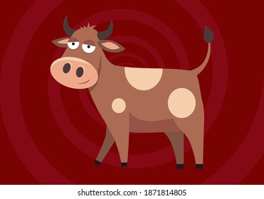 Vector illustration of funny cartoon bull. Cartoon Brown Bull Ox Buffalo wild animal. Cute cartoon bull Symbol of the 2021 New year, Year of the ox.